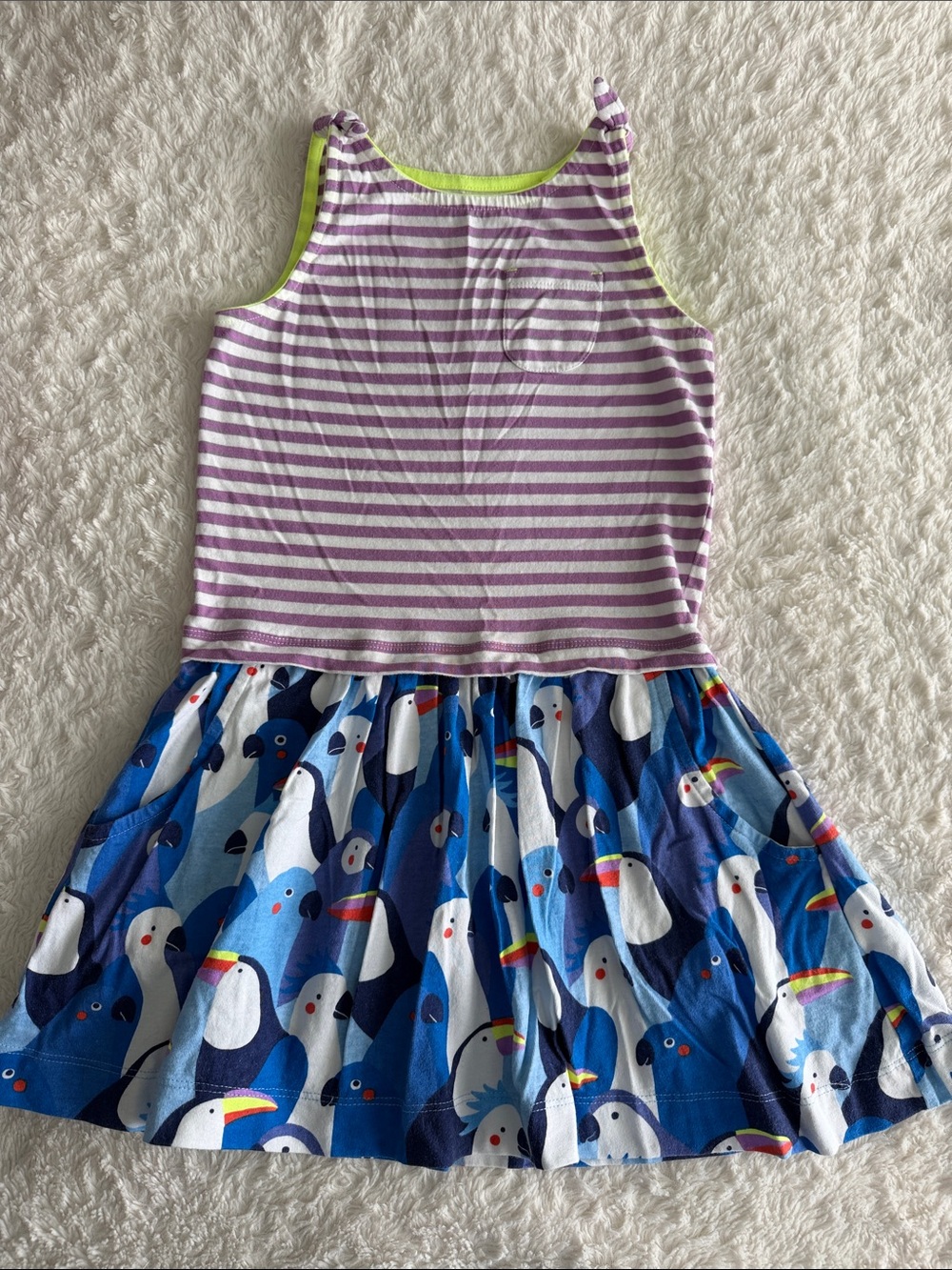 Mini Boden girls size 6-7 sleeveless knit purple stripe blue parrot print dress